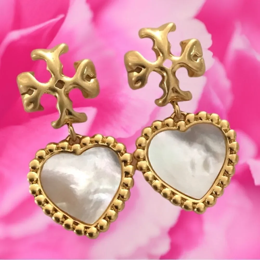 TORY BURCH ROXANNE MOTHER OF PEARL HEART DANGLE EARRINGS